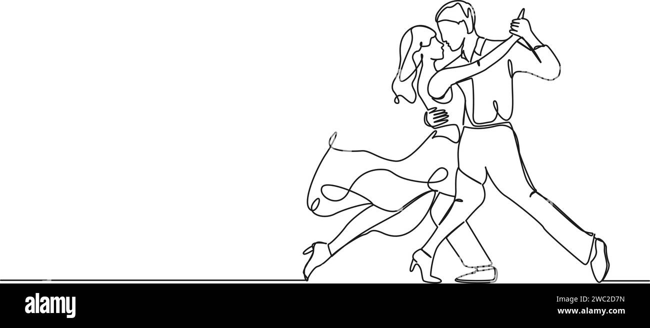 disegno continuo a linea singola di coppie danzanti, illustrazione vettoriale della line art Illustrazione Vettoriale