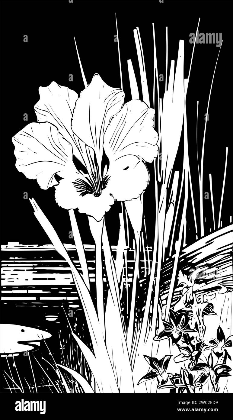 disegno lineare grafico bianco di un ramo di fiori su sfondo nero, disegno Foto Stock