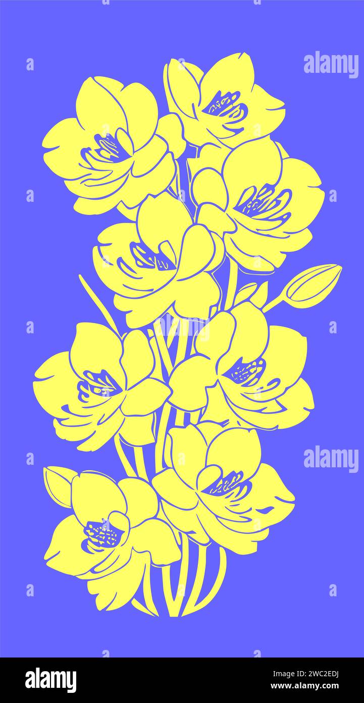 Disegno grafico giallo di un ramo di fiori su sfondo blu, disegno, tema ucraino Foto Stock