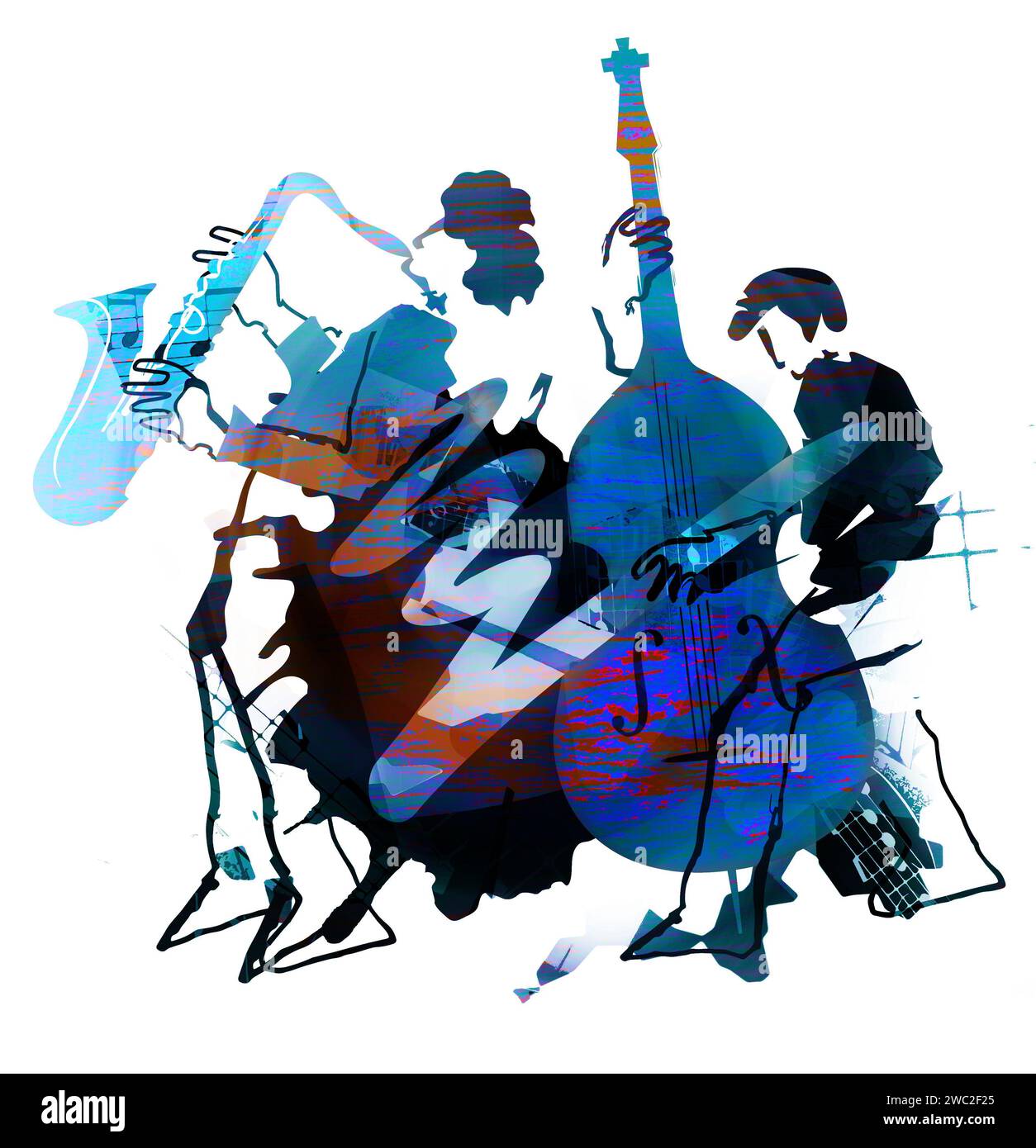 Tema jazz, musicista contrabbasso e sassofonista. Illustrazione espressiva di due musicisti jazz in sottofondo grunge con note musicali. Foto Stock