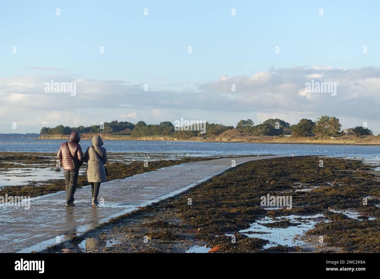 Un paio di passeggiate su una strada infinita, che si tuffa nel mare Foto Stock