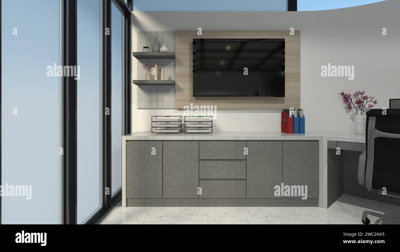 Design minimalista e moderno dell'armadietto TV con pannello in legno Foto Stock