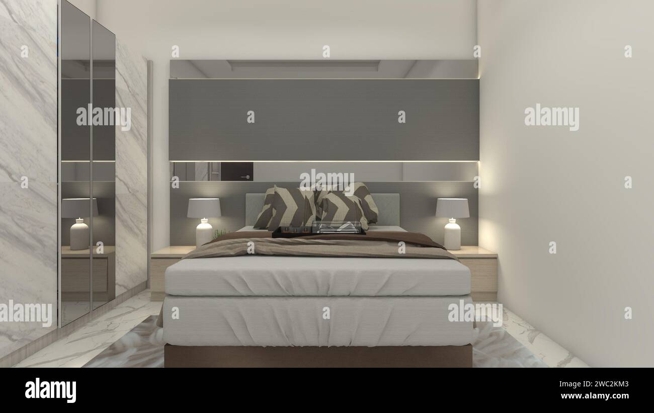 Camera da letto principale dal design moderno e minimalista con decorazioni per testiere Foto Stock