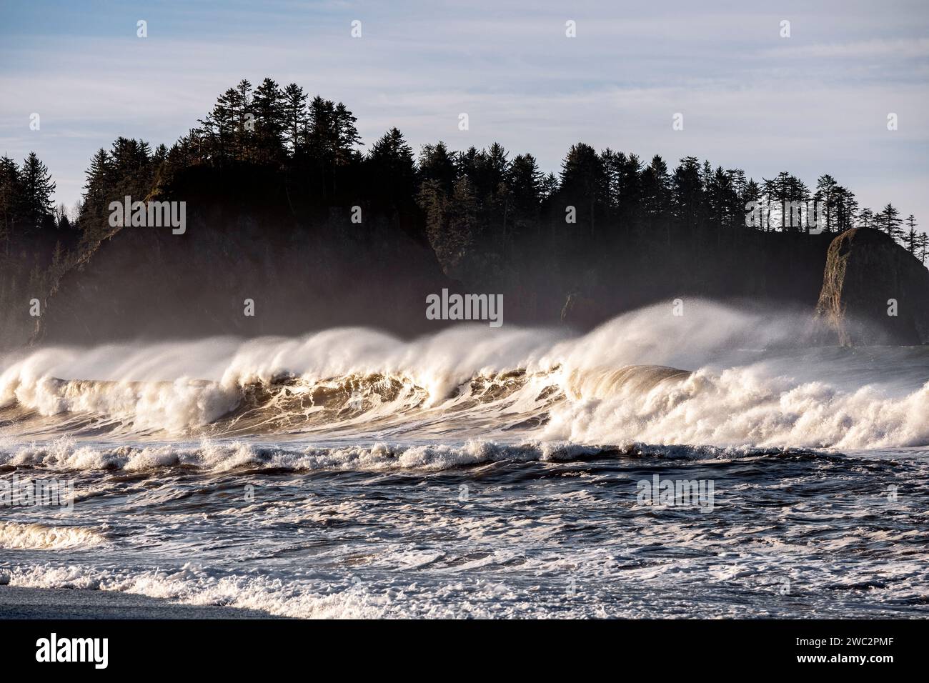 WA24684-00....WASHINGTON - le onde dell'Oceano Pacifico e James Island da Rialto Beach all'Olympic National Park. Foto Stock