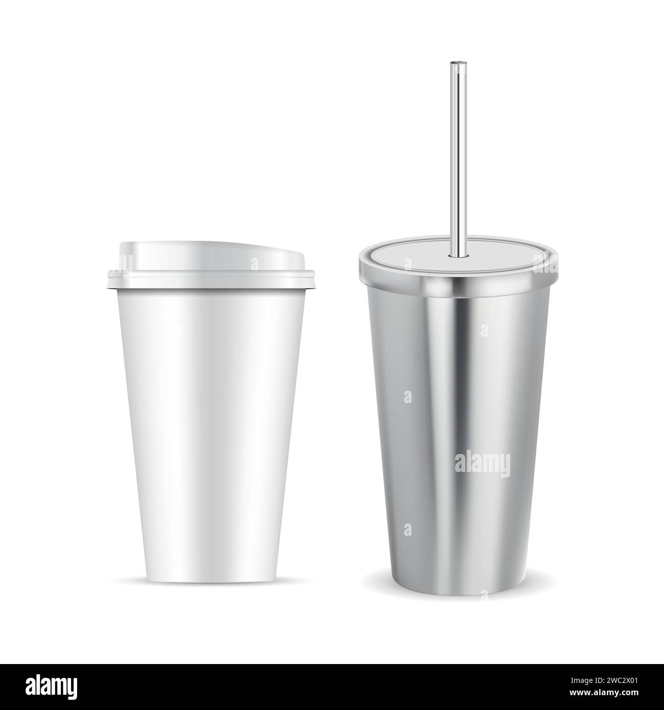 Tazza di caffè in carta con mockup con coperchio. Modello di pacchetto bianco realistico. Set di vasetti per tè freddo, succo di frutta o latte. Immagine di frullato al cioccolato, espr Illustrazione Vettoriale