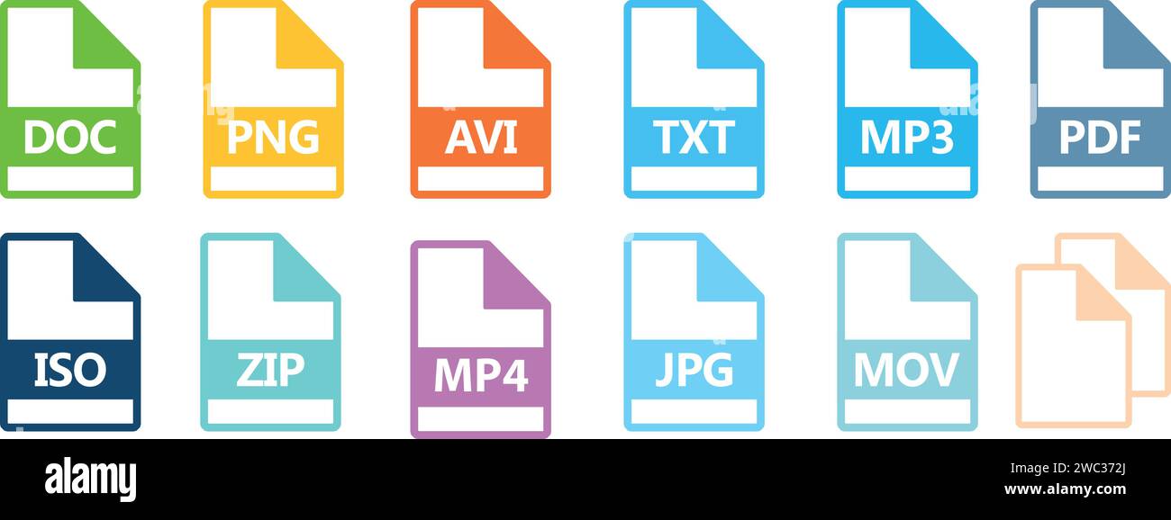 Set di icone per tipo di file, formato di file e documento in stile piatto, formato ed estensione dei documenti Illustrazione Vettoriale