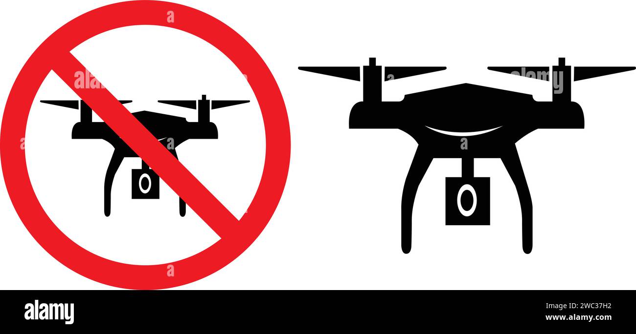 Cartello proibito per i droni, nessun drone consentito, drone Flying Illustrazione Vettoriale
