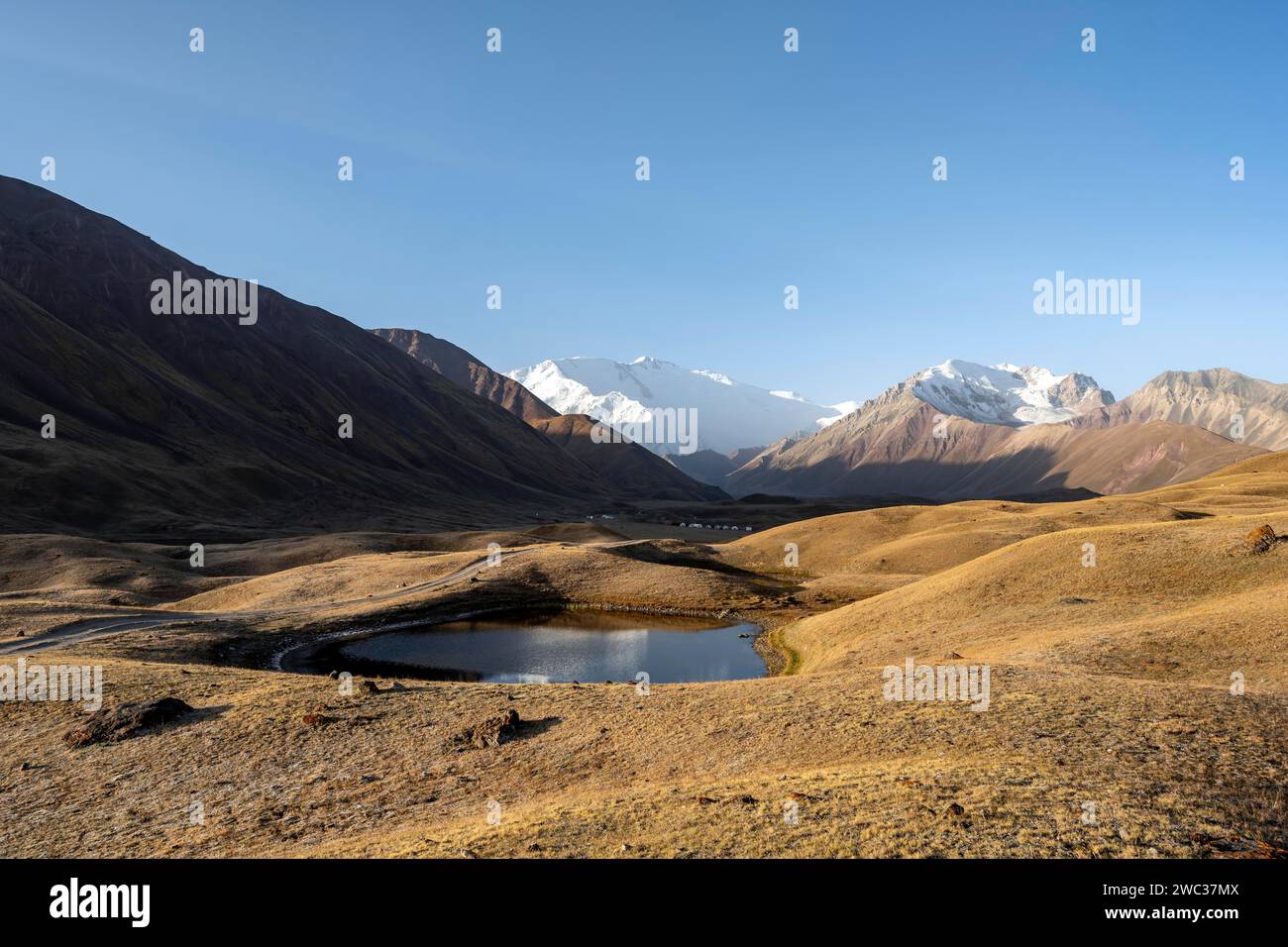 Il Pik Lenin, il monte bianco ghiacciato e innevato all'alba, il paesaggio montano con colline dorate e piccoli laghi, le montagne Trans Alay Foto Stock