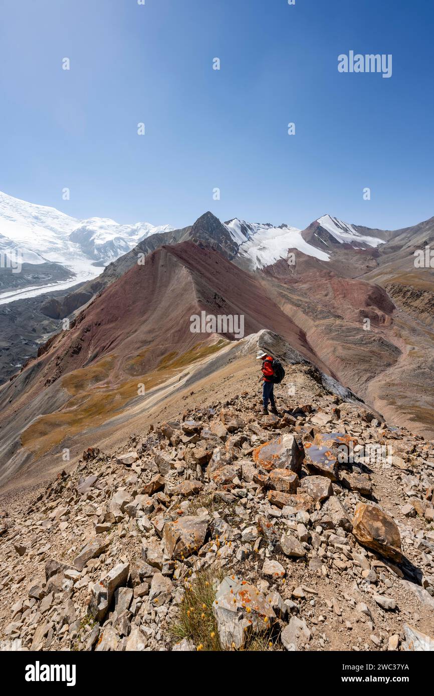 Alpinista al Traveller's Pass con vista dell'impressionante paesaggio montano, del paesaggio di alta montagna con morene del ghiacciaio e lingue del ghiacciaio Foto Stock
