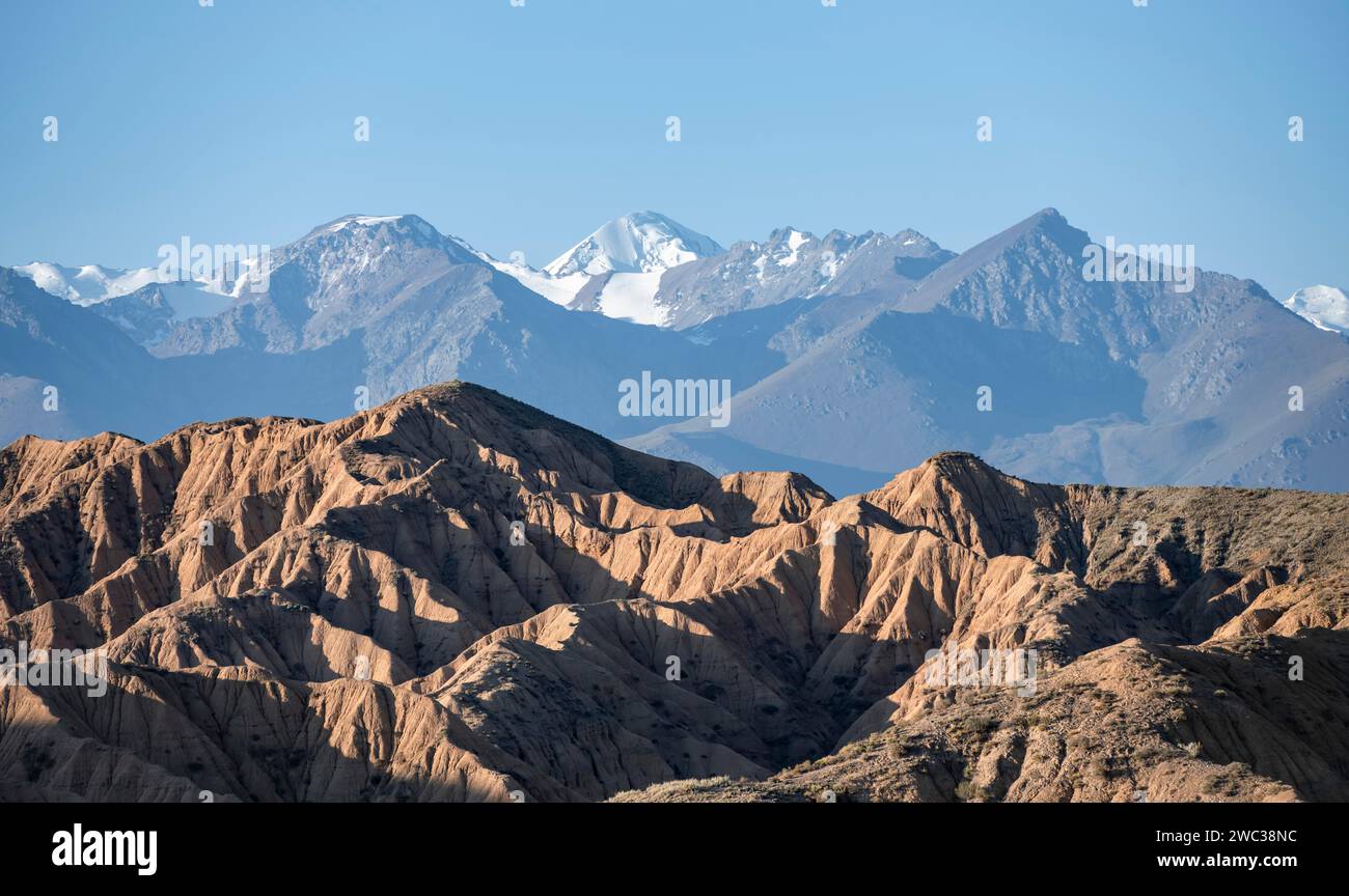 Canyon, montagne del Tian Shan sullo sfondo, colline erose, calanchi, Valle dei fiumi dimenticati, vicino a Bokonbayevo, Yssykkoel, Kirghizistan Foto Stock