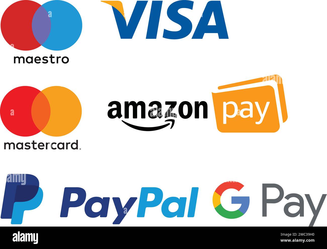 Set di icone dei sistemi di pagamento online, società della carta, logo, Visa, Mastercard, PayPal, Amazon Pay, pagamenti tramite e-commerce Illustrazione Vettoriale