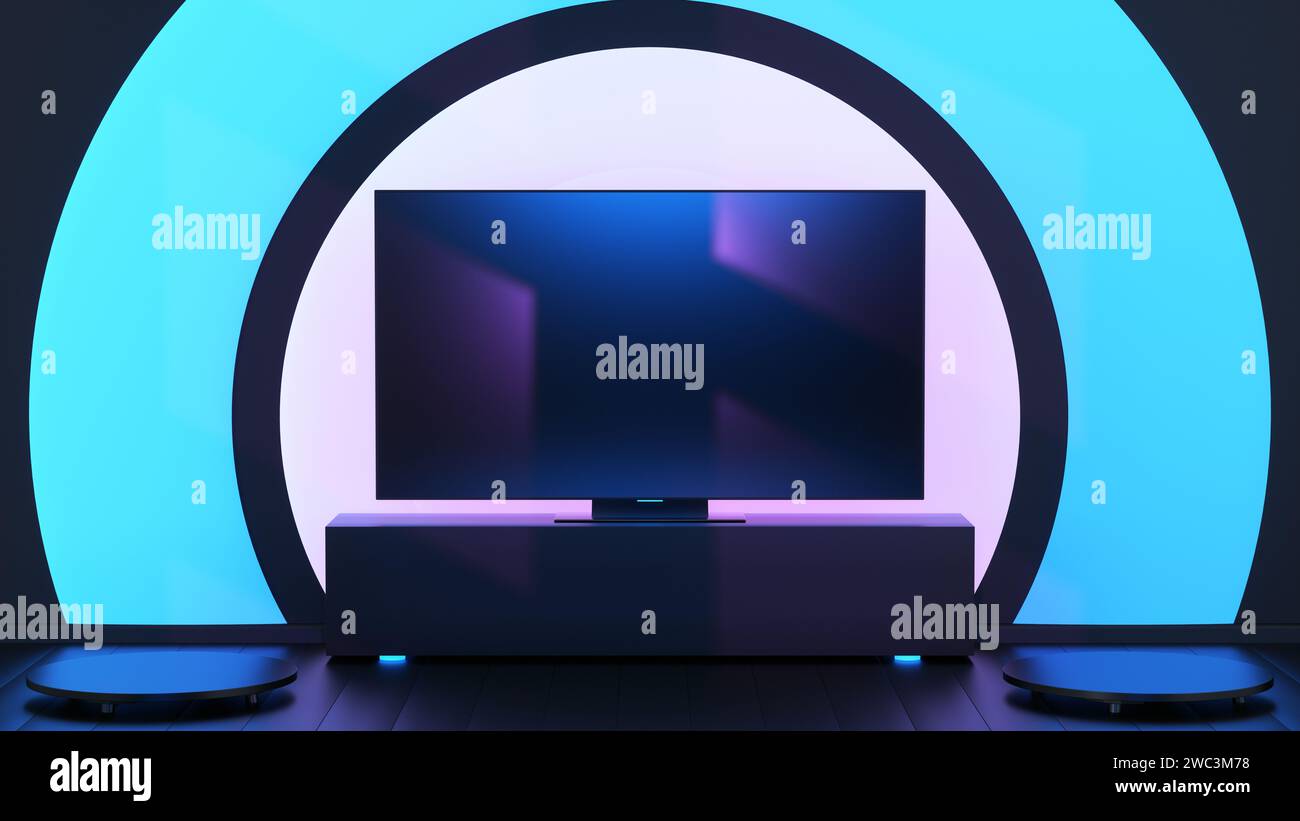 Salotto scuro con TV sul comodino e luce blu rosa dietro. Concetto di canale di gaming o broadcast. Illustrazione rappresentazione 3D. Foto Stock