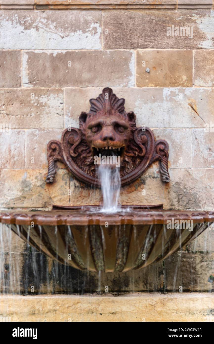 Gargoyle della fontana della Statua di Pelayo a Gijon, Asturie, Spagna. Foto Stock