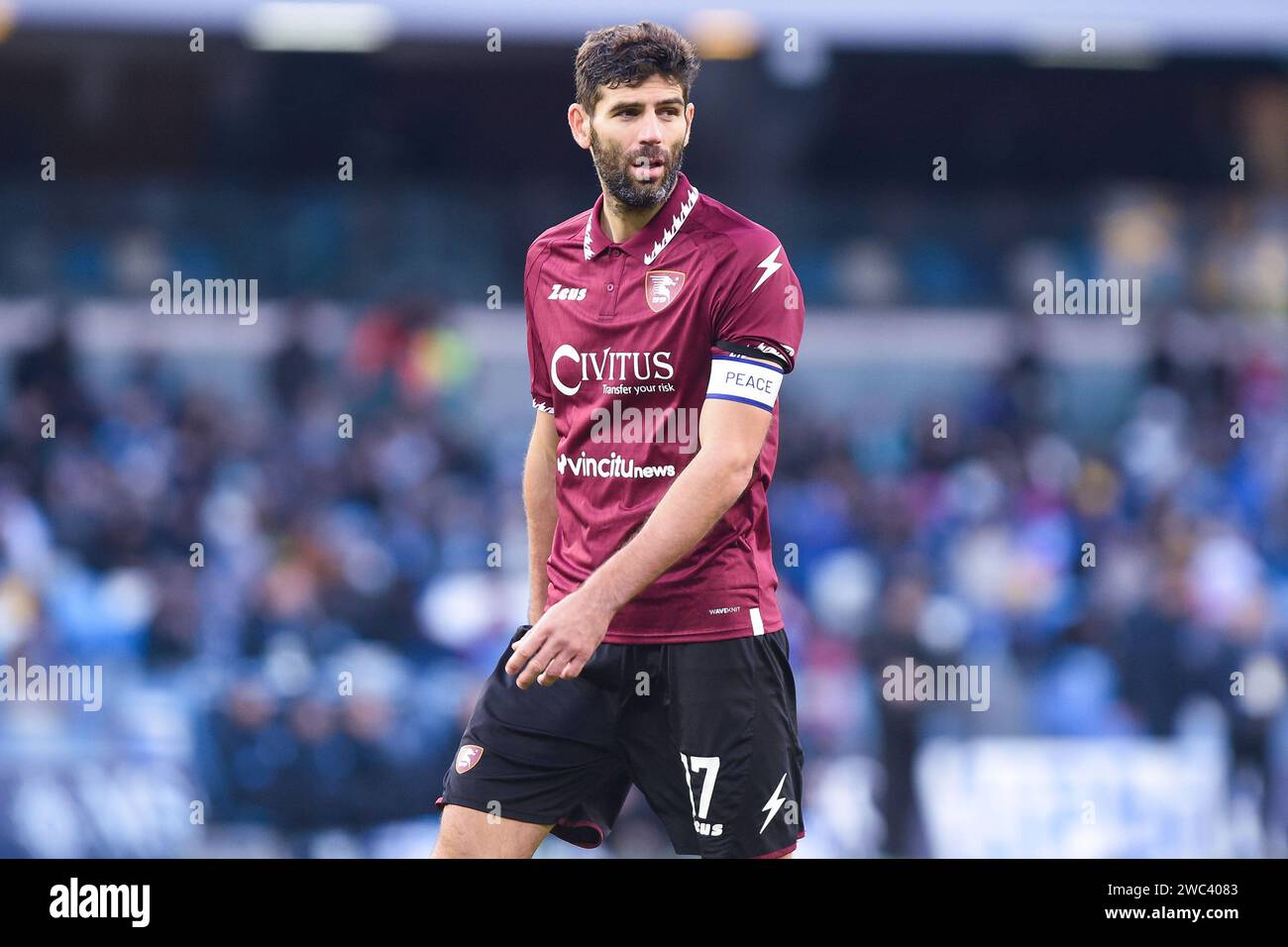 Napoli, Italia. 13 gennaio 2024. Federico Fazio della US Salernitana durante la partita di serie A tra SSC Napoli e US Salernitana allo Stadio Diego Armando Maradona Napoli Italia il 13 gennaio 2024. Credito: Franco Romano/Alamy Live News Foto Stock