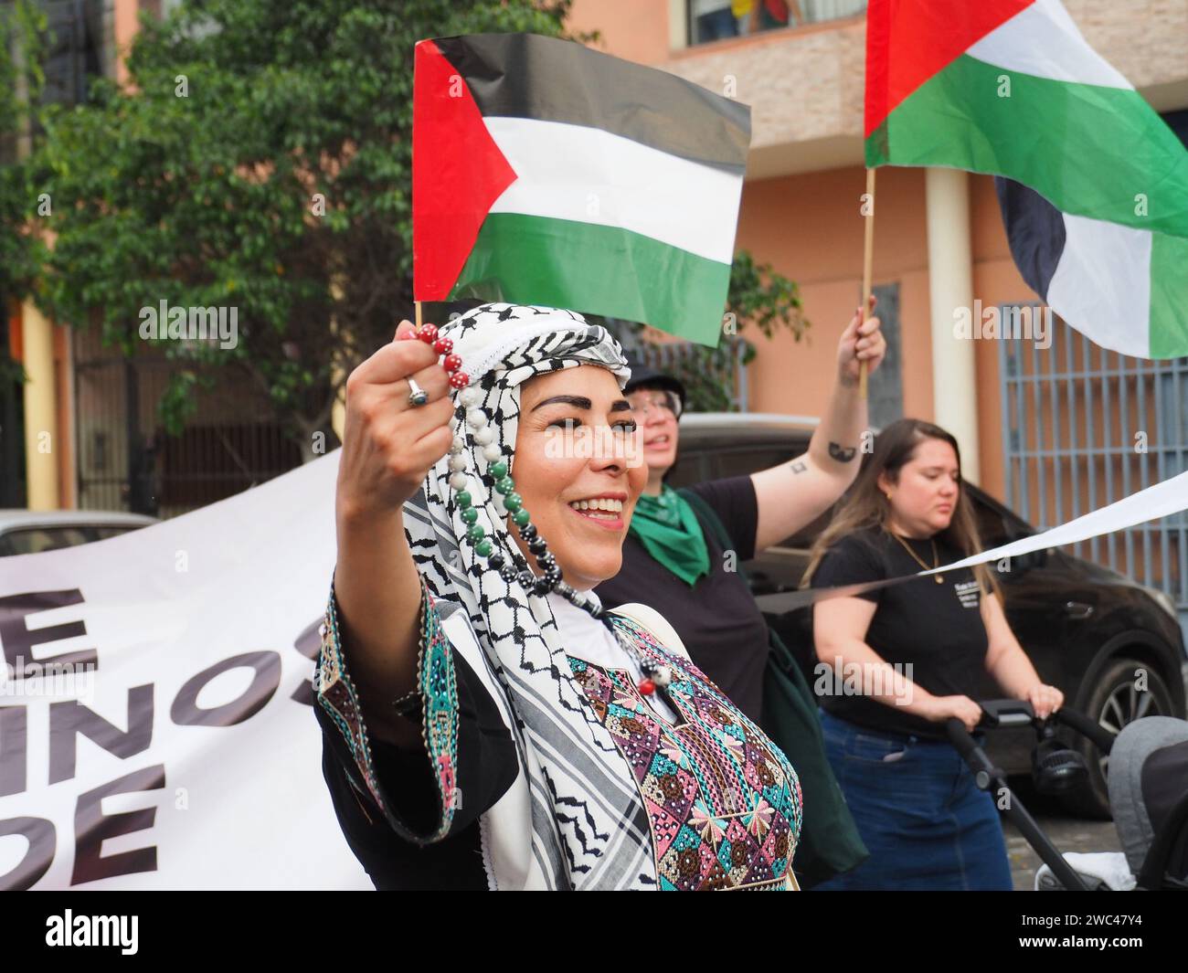 Lima, Perù. 13 gennaio 2024. Donna islamica che sventola una bandiera palestinese quando decine di persone sono scese in piazza a Lima per manifestare come parte di una marcia globale per la Palestina. Si uniscono a milioni di persone che marceranno in più di 66 città, in almeno 36 paesi, in una giornata globale d’azione per la Palestina. Credito: Agenzia stampa Fotoholica/Alamy Live News Foto Stock