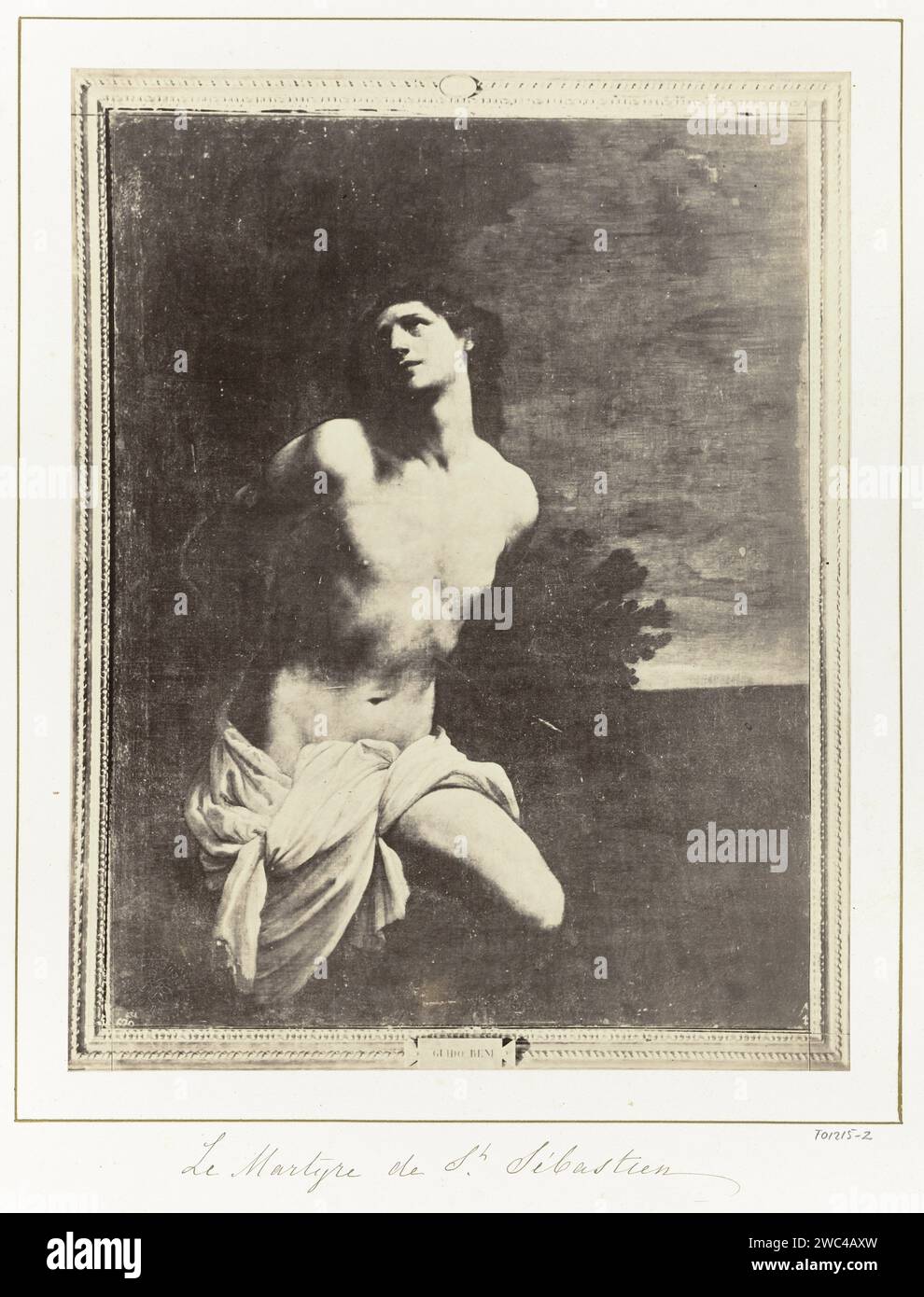 Produzione fotografica di un dipinto di Guido reni, che rappresenta il martirio di San Sebastiaan, Anonimo, dopo Guido reni, c. 1860 - c. 1875 Fotografia parte di album di viaggio con registrazioni di opere d'arte, persone e luoghi di interesse in Spagna. L'albumano di supporto fotografico stampa il martire Sebastian; possibili attributi: Freccia, arco, tronco Foto Stock