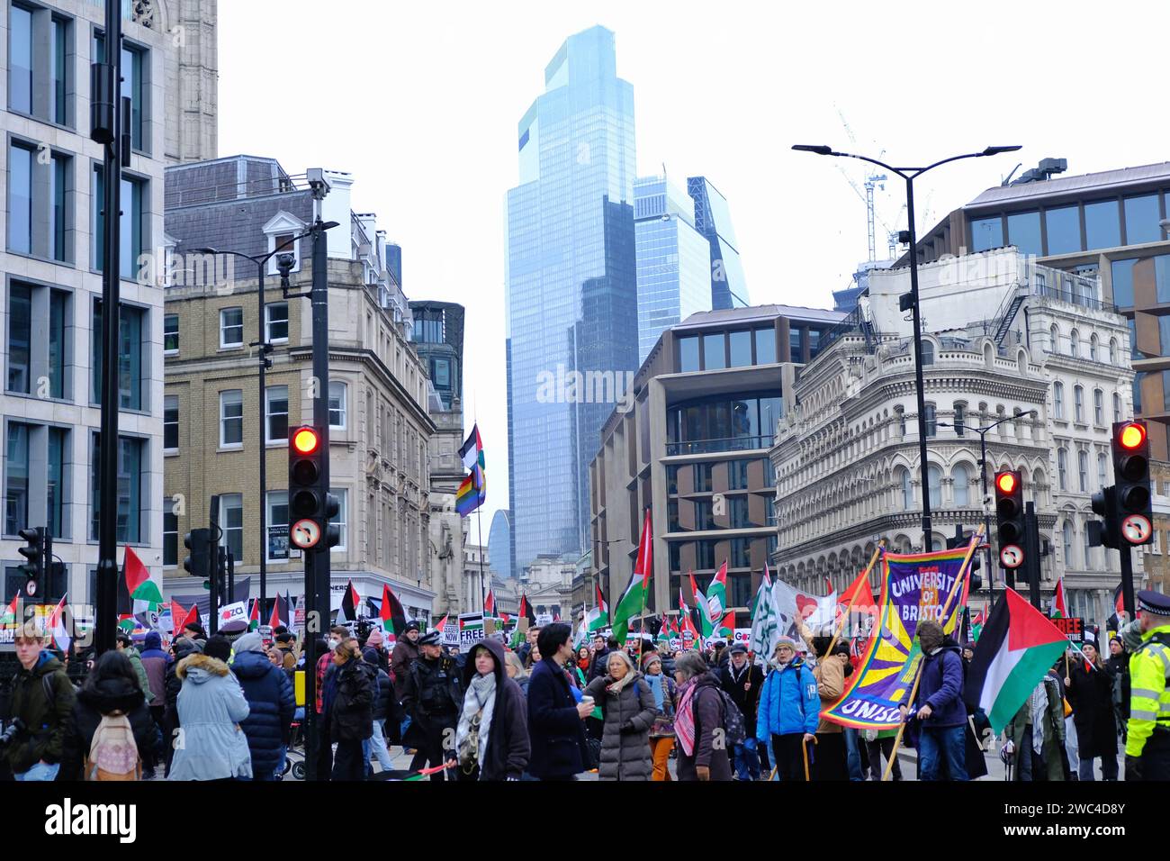 Londra, Regno Unito. 13 gennaio 2024. Migliaia di manifestanti pro-palestinesi hanno marciato dalla City di Londra a Parliament Square, chiedendo un immediato cessate il fuoco. Nonostante le proteste di massa a livello globale, e la settima marcia nazionale, non ci sono segni di avvenimento non appena il numero di morti palestinesi sale a 23.000 e migliaia di persone rimangono ferite, affrontando condizioni terribili all'interno delle poche strutture mediche funzionanti. Credito: Fotografia dell'undicesima ora/Alamy Live News Foto Stock