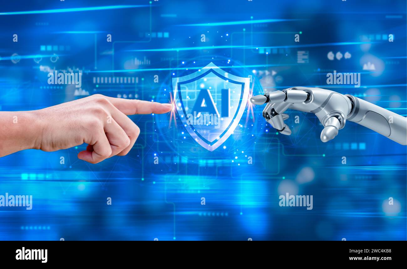 Collaborazione futuristica mani umane e robot che toccano l'intelligenza artificiale intelligenza artificiale macchine tecnologiche innovazione dati di rete globali Foto Stock