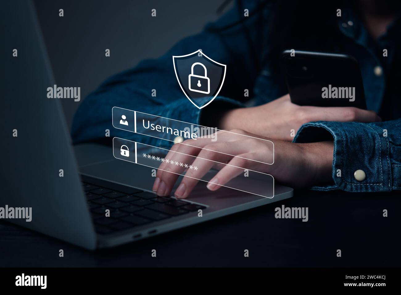 Sicurezza informatica protezione della privacy dati online e password per utenti di computer laptop sistema di policy tecnologia digitale di rete Foto Stock