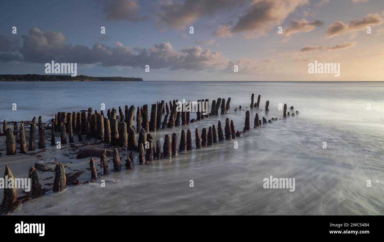 Una vista panoramica delle colonne di legno sulla spiaggia contro il mare al tramonto Foto Stock