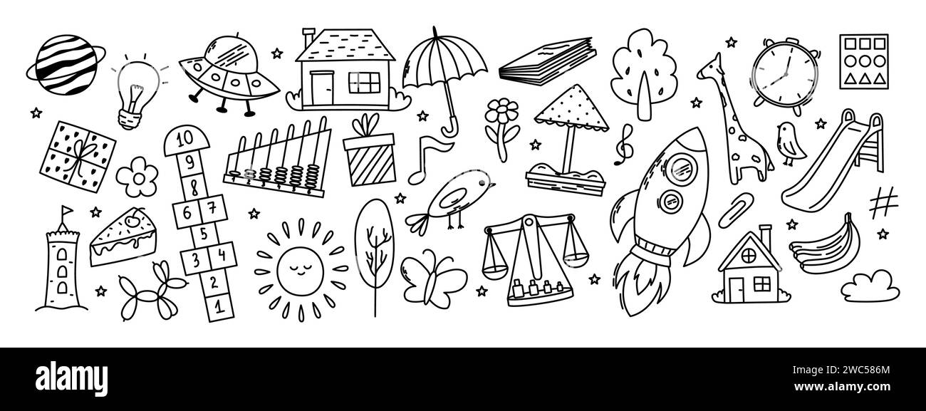 Set di doodles per l'asilo. Farfalla, giocattoli, fiori, ombrello, casa, sole, albero, animali e altri elementi. Illustrazione Vettoriale
