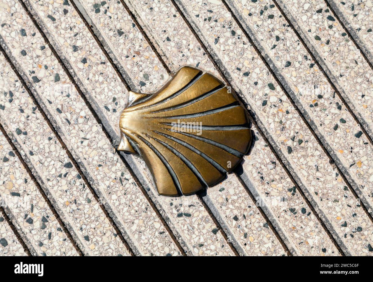 La conchiglia di Santiago sul marciapiede, simbolo di Saint James Way Foto Stock