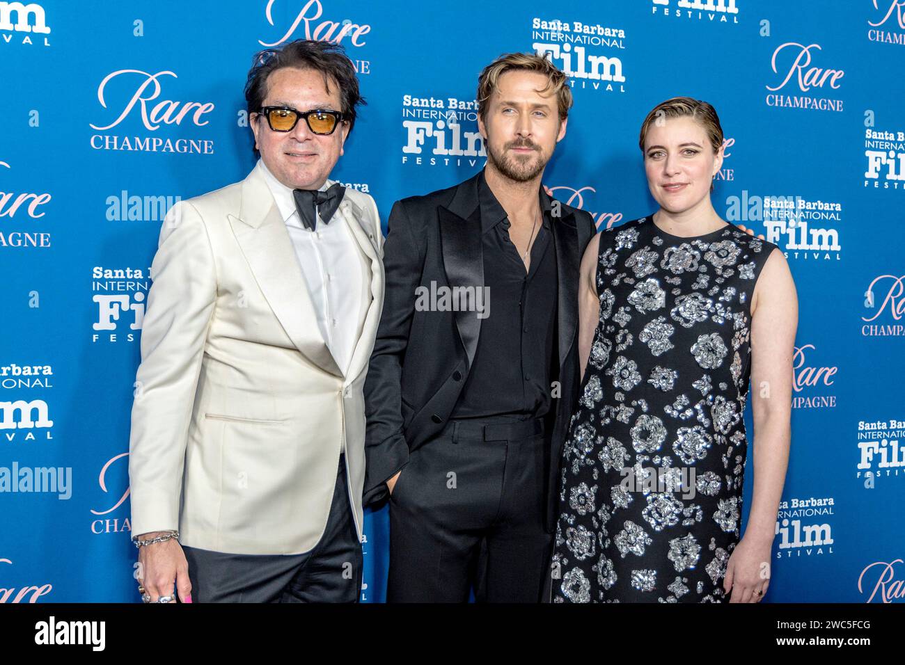 Il direttore esecutivo di SBIFF Roger Durling, l'attore Ryan Gosling e la regista Greta Gerwig arrivano al 16° annuale Kirk Douglas Award for Excellence in Film del Santa Barbara International Film Festival per onorare l'attore Ryan Gosling al Ritz-Carlton Bacara, Santa Barbara, CALIFORNIA il 13 gennaio. 2024. (Foto di Rod Rolle/Sipa USA) Foto Stock