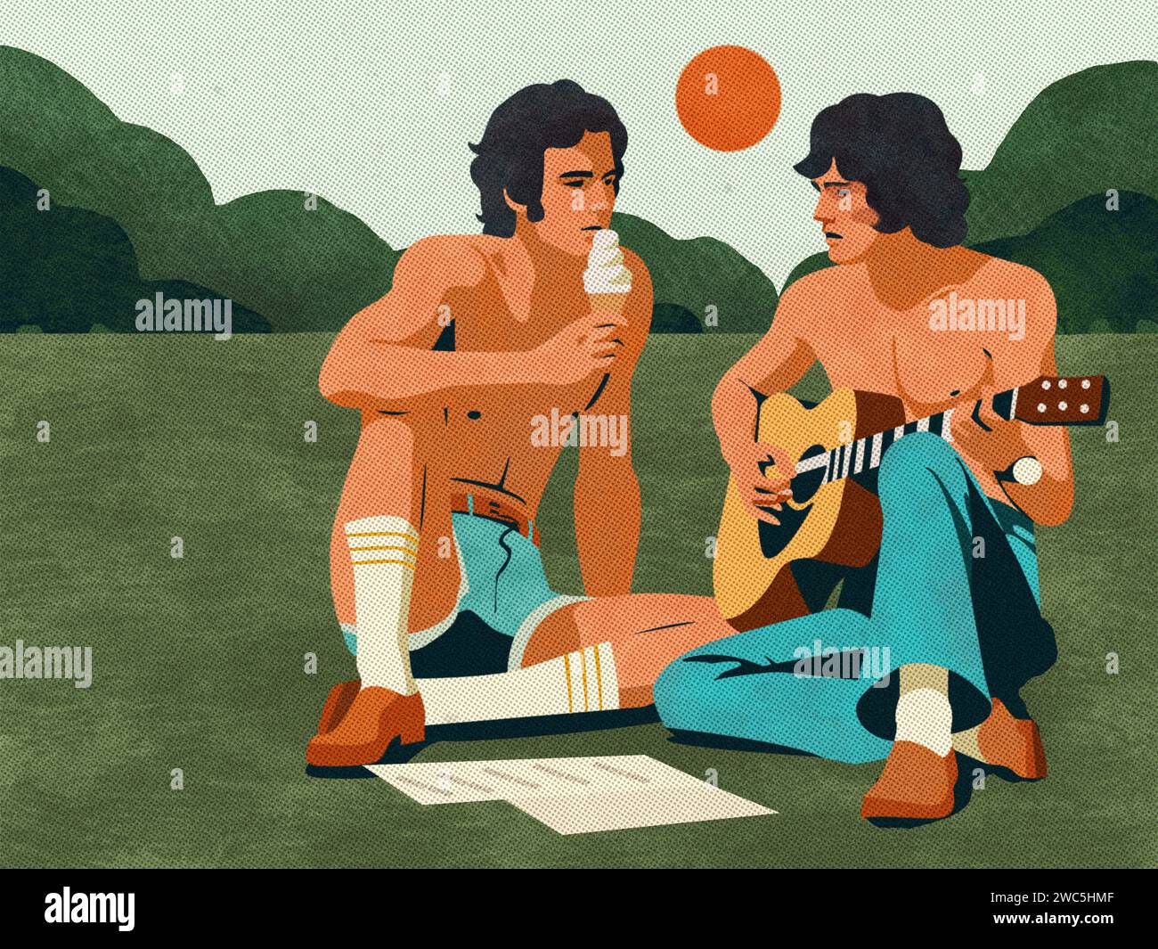 pittura digitale, mezzitoni retrò, attività all'aperto nel parco, amico, cantare, suonare la chitarra, gelato, sfondo estivo Foto Stock
