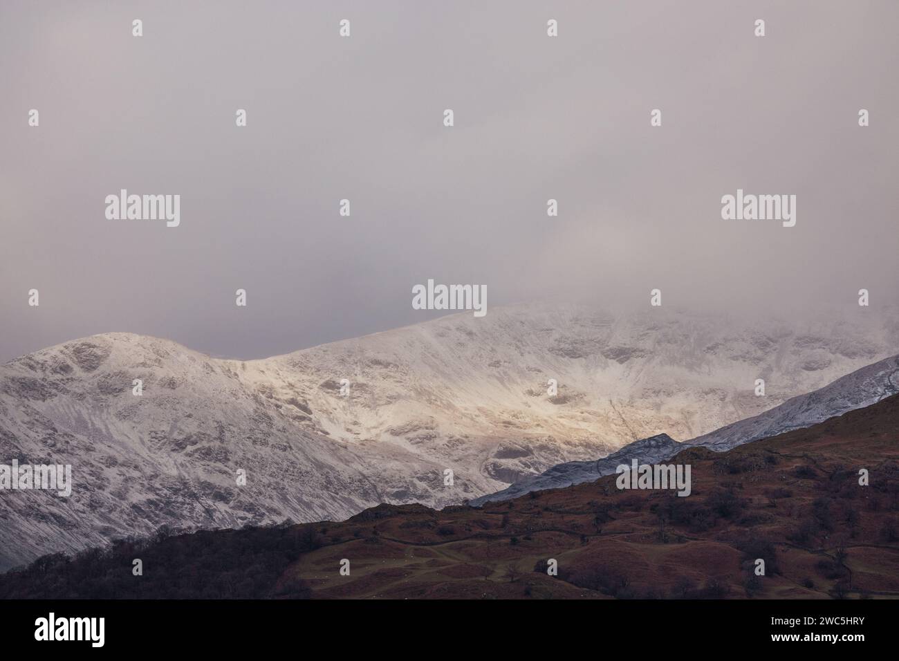 Cumbria, Regno Unito. 14 gennaio 2024. Meteo Regno Unito. Neve sulle alte colline intorno al bacino settentrionale del lago Windermere il Lake District . Credito: Gordon Shoosmith/Alamy Live News Foto Stock