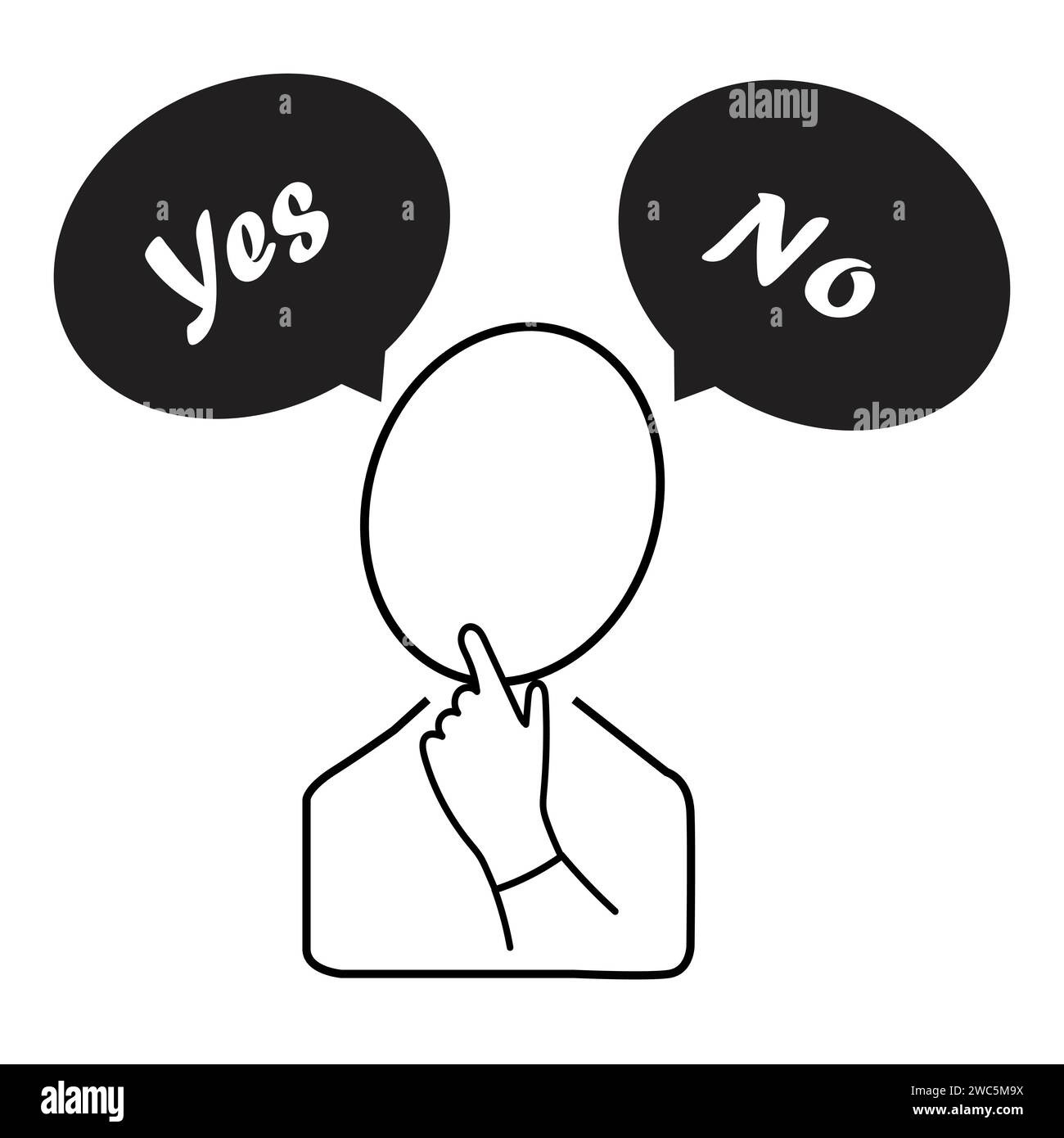 Carattere di una persona con due bolle di discorso: Una con la parola sì e l'altra con la parola no Illustrazione Vettoriale