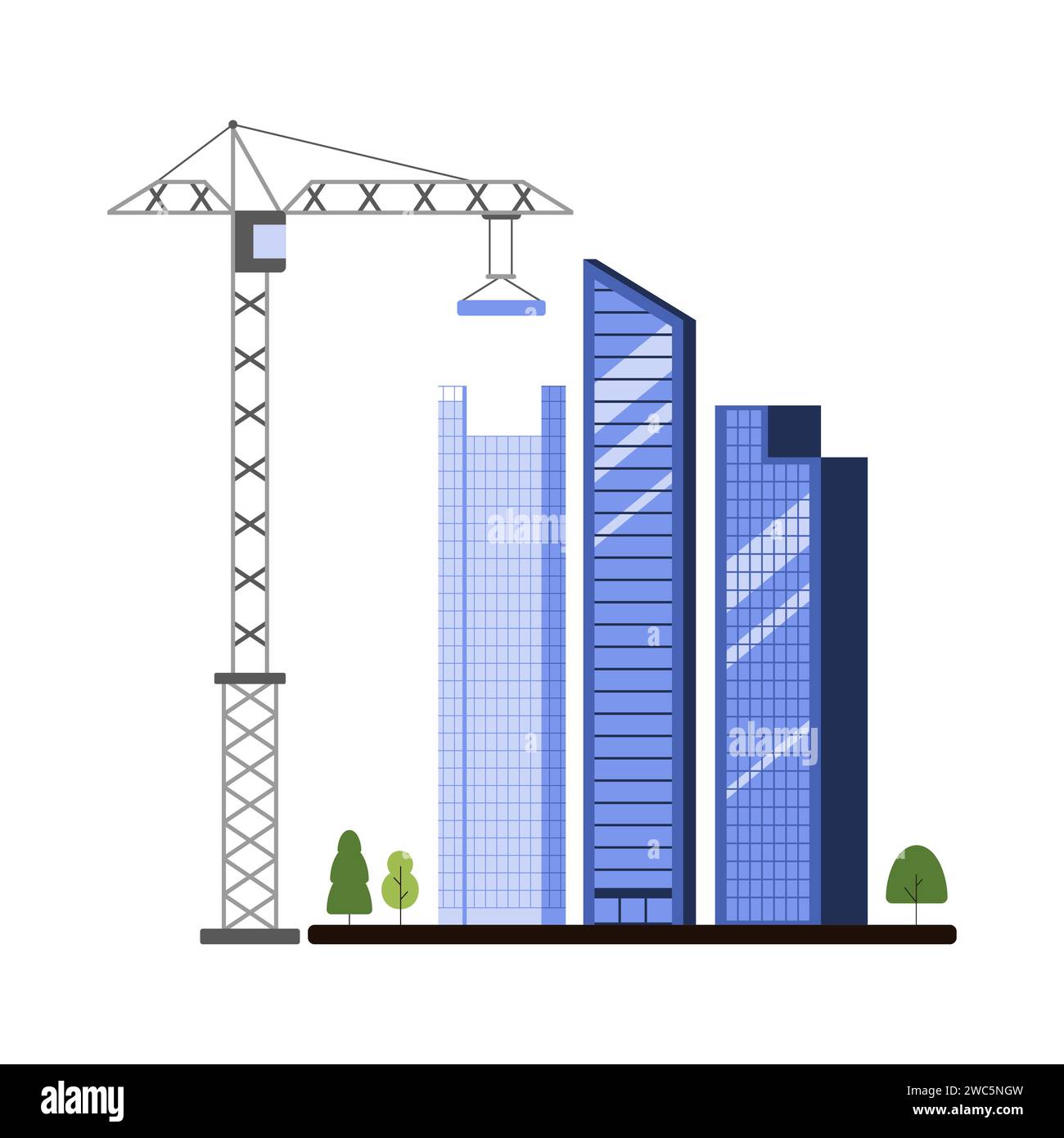 Processo di costruzione di grattacieli per uffici. Gru da costruzione con blocco di calcestruzzo sulla costruzione di ganci nuova casa a grattacielo blu, lavori di macchinari sulla struttura della facciata incompiuta illustrazioni vettoriali di cartoni animati Illustrazione Vettoriale