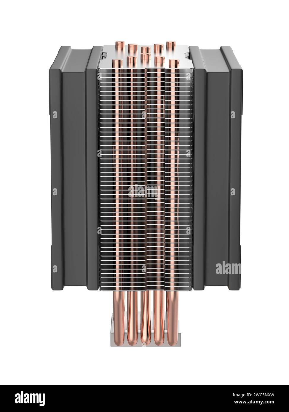 Vista laterale del refrigeratore d'aria del processore con due ventole e cinque tubi di calore in rame Foto Stock