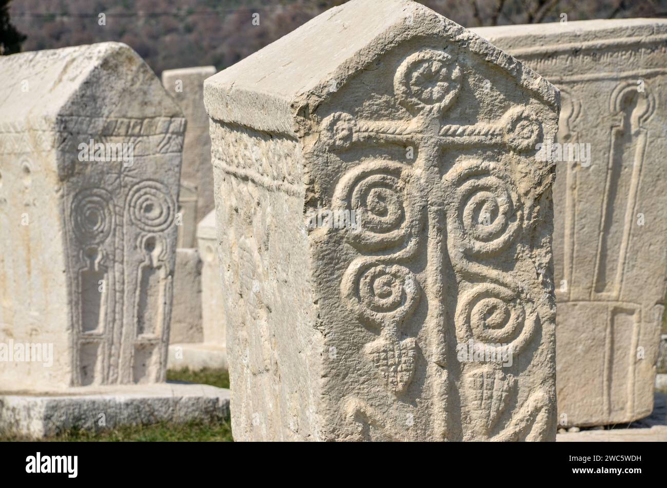 Stecak, monumentali lapidi medievali. Sito patrimonio dell'umanità dell'UNESCO. Stecci, Radimlja, Stolac, Bosnia ed Erzegovina. Foto Stock