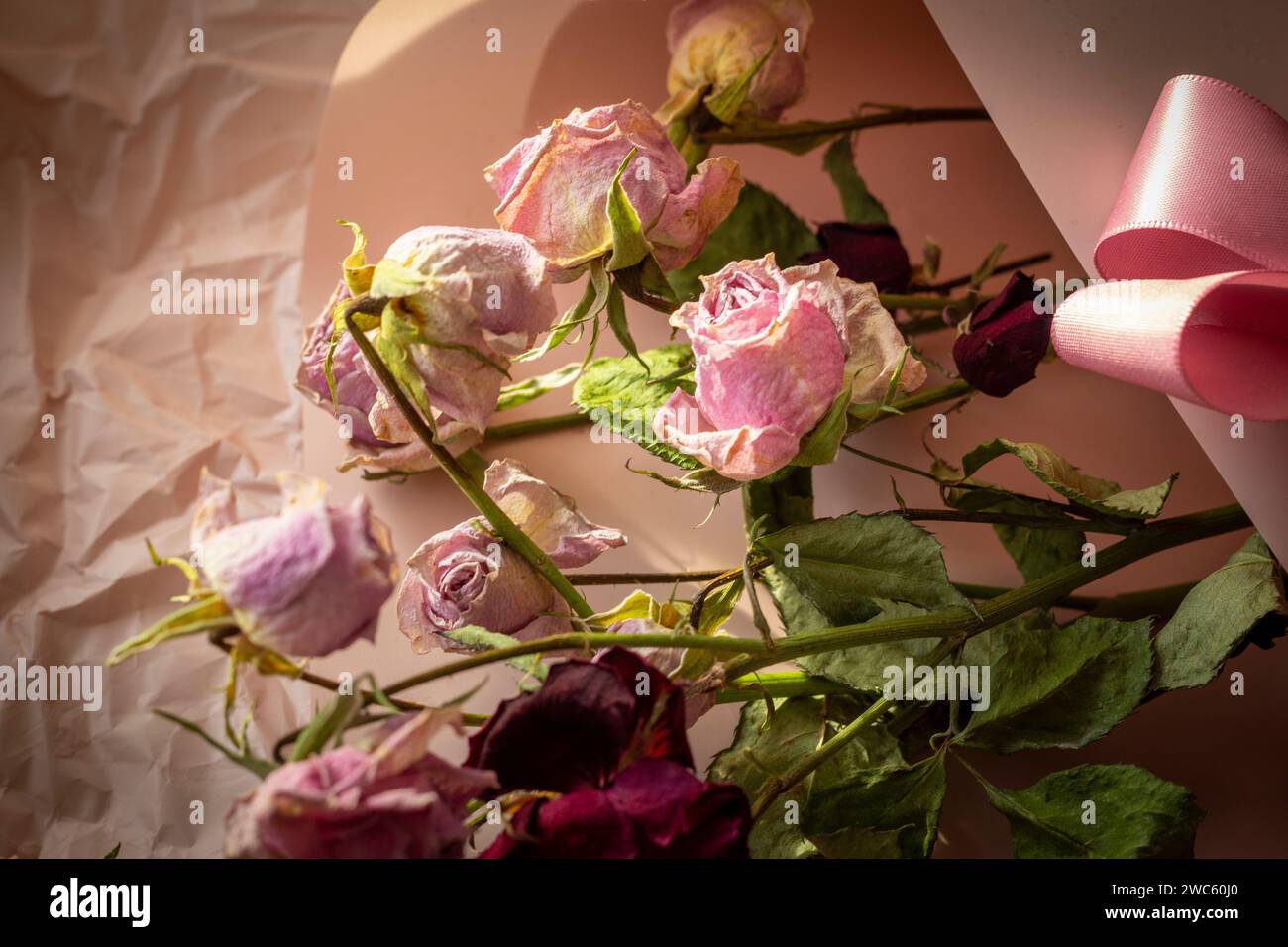 Immagine concettuale del tema di sfondo, carta da imballaggio, rose secche altri fiori e altre composizioni Foto Stock Immagine concettuale del tema di sfondo, carta da imballaggio, rose secche altri fiori e altre composizioni Foto Stock