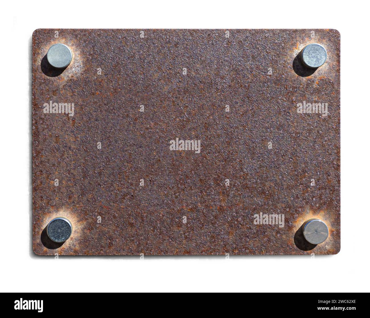 Piastra metallica con rivetti su sfondo bianco, placca in acciaio con percorso di ritaglio Foto Stock