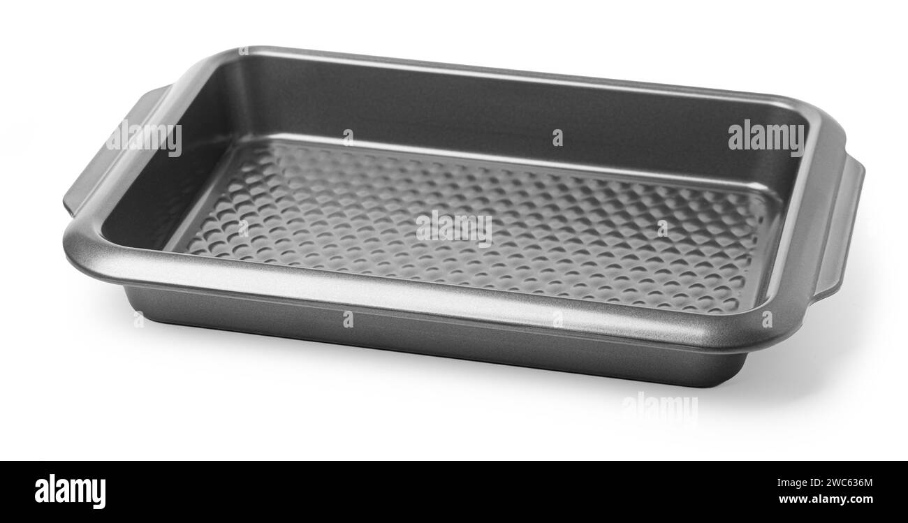 Nuovo nero rivestimento antiaderente teglia isolato su bianco Foto Stock