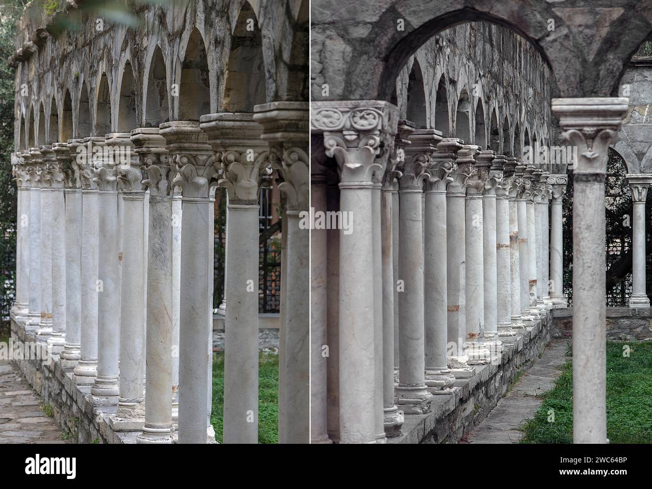 Colonne del chiostro restaurato di Sant'Andrea XII secolo, via di porta Soprana 12, Genova, Italia Foto Stock