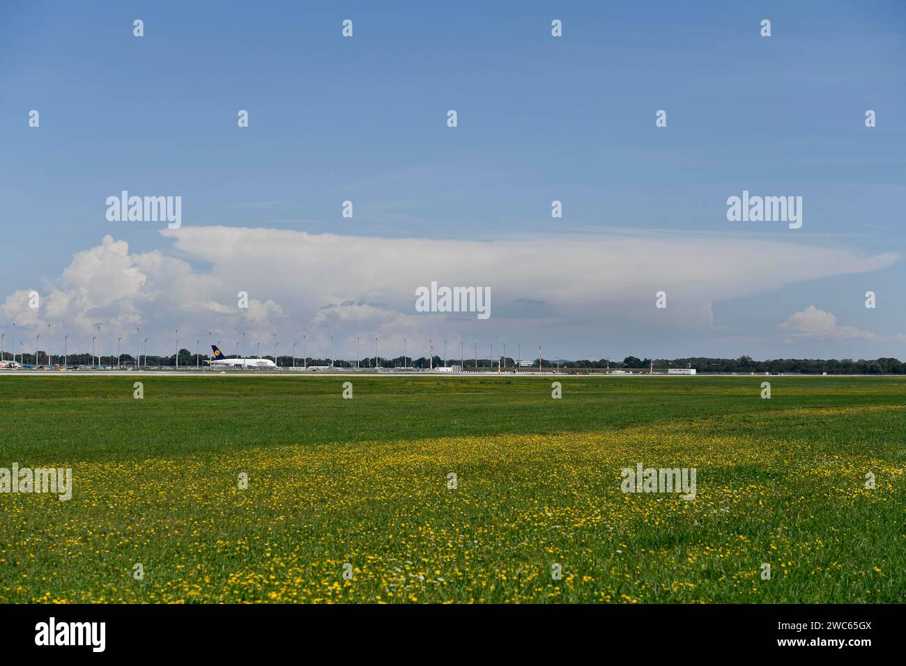 Panoramica dell'aeroporto con nuvole di fulmini sullo sfondo, aeroporto di Monaco, alta Baviera, Baviera, Germania Foto Stock