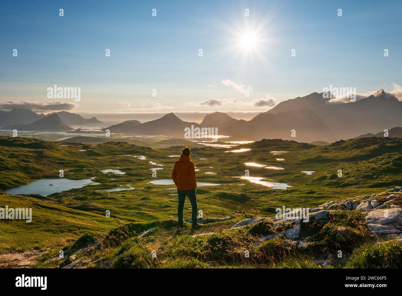 Un uomo che ammira le montagne Lofoten e la natura da un'alta cima di montagna, da Justadtinden a Leknes. Sole estivo, natura verde, sentiero escursionistico. Foto Stock