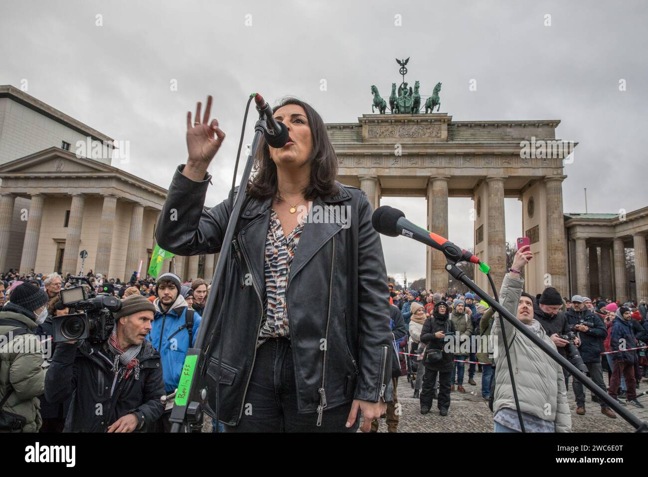 Sul palco di Berlino, Duezen Tekkal, un noto autore, giornalista, regista e attivista tedesco di discendenza curda-Yezidi, ha tenuto un discorso avvincente. Nata il 2 settembre 1978 ad Hannover, Tekkal si è affermata come una voce significativa in vari campi, tra cui giornalismo, difesa dei diritti umani e imprenditoria sociale. In un'ineguagliabile dimostrazione di solidarietà, il 14 gennaio 2024 le strade di Berlino hanno riecheggiato le voci di 25.000 manifestanti che convergevano a Pariser Platz all'ombra dell'iconica porta di Brandeburgo. La dimostrazione, orchestrata dal venerdì per Foto Stock