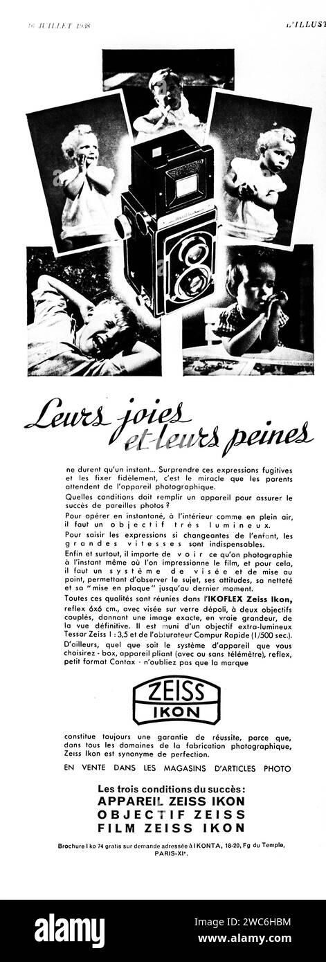 Una pubblicità vintage del 1938 in bianco e nero con fotocamera Zeiss Ikon degli anni '1930 che mostra persone diverse che utilizzano fotocamere per varie attività. Foto Stock
