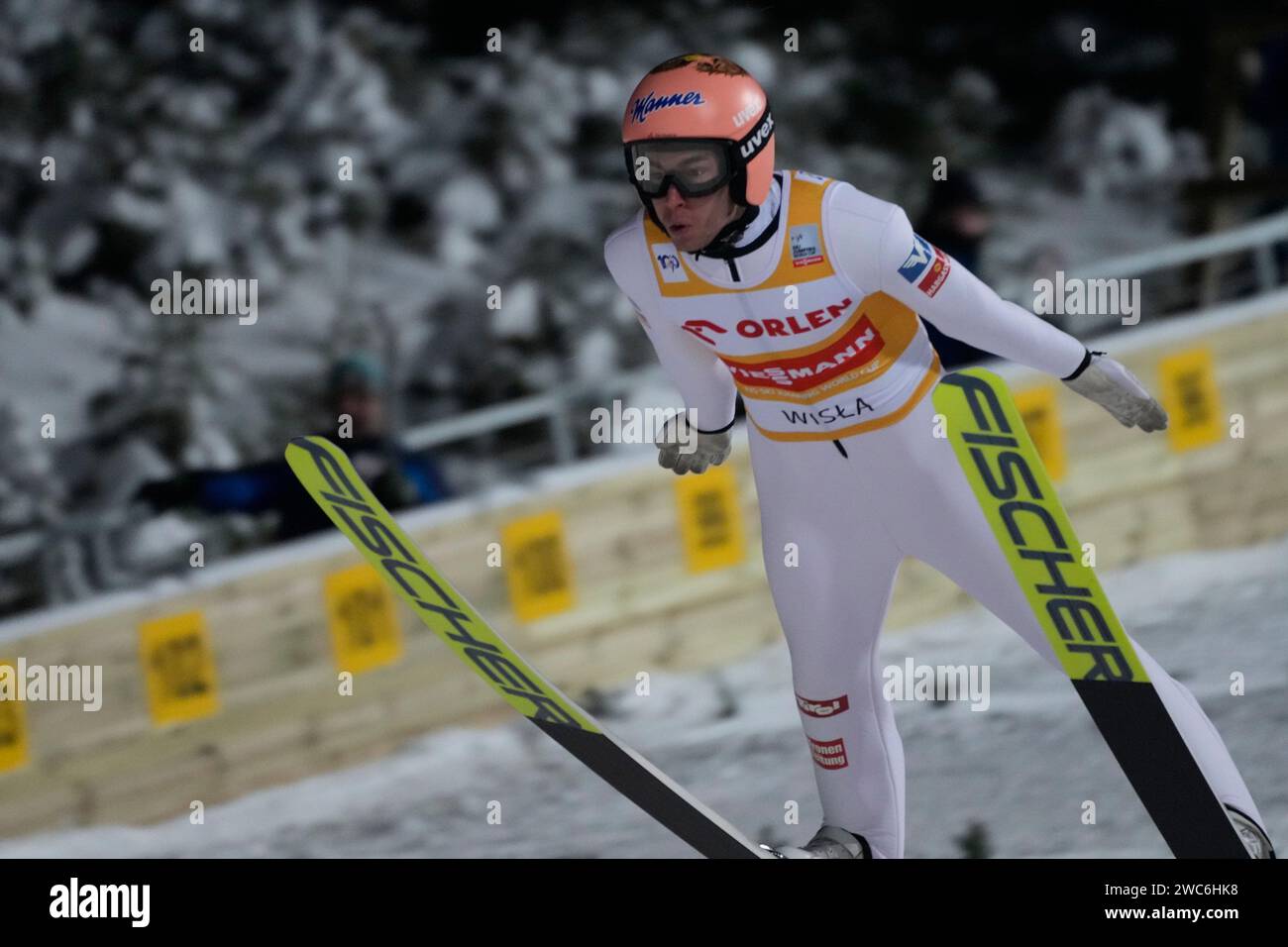 Austria's Stefan Kraft competes at the Large Hill HS134 Ski Jumping World Cup event in Wisla, Poland, Sunday, Jan. 14, 2024. (AP Photo/Czarek Sokolowski) Foto Stock