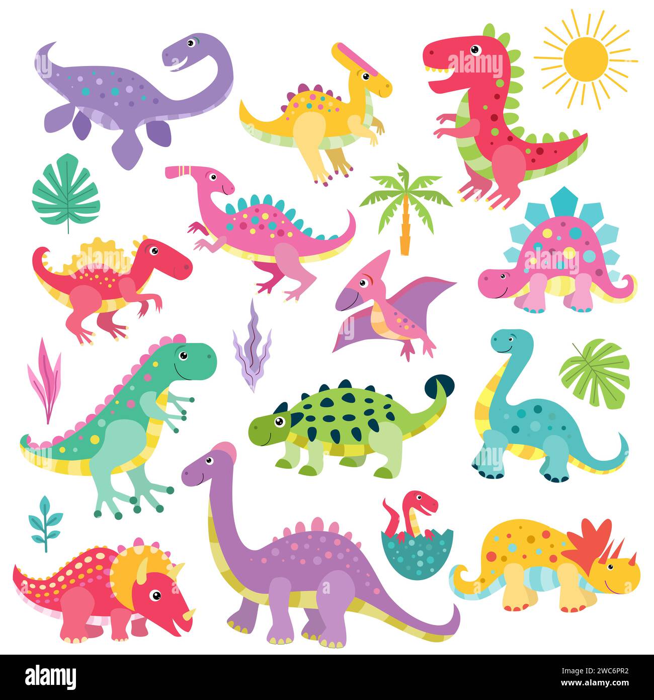 Set di graziosi dinosauri preistorici. Animali del mondo antico. Isolato su sfondo bianco. Per la progettazione di stampe, poster, adesivi, p Illustrazione Vettoriale
