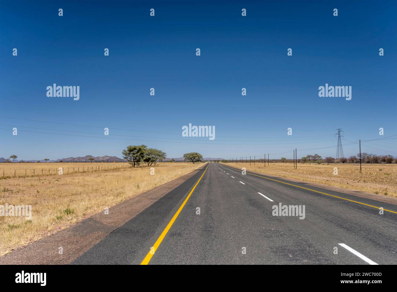 Paesaggio con strada di catrame in una campagna arida, girato in tarda primavera vicino a Usakos, Namibia, Africa Foto Stock