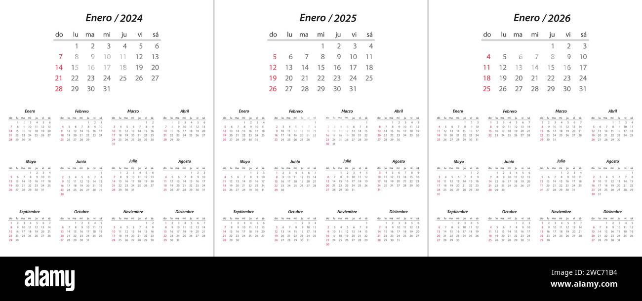 Calendario 2024, calendario 2025, calendario 2026 con inizio settimana in lingua spagnola modello di pianificazione del design aziendale domenica Illustrazione Vettoriale