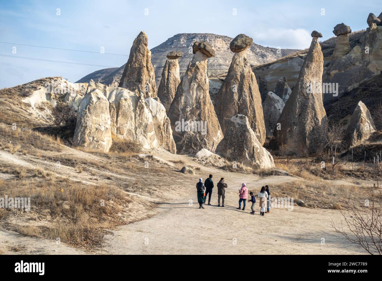 I turisti nella valle di Pasabag in Cappadocia con camini delle fate formazioni rocciose dove vivevano eremiti da qui il nome di valle dei Monaci Foto Stock