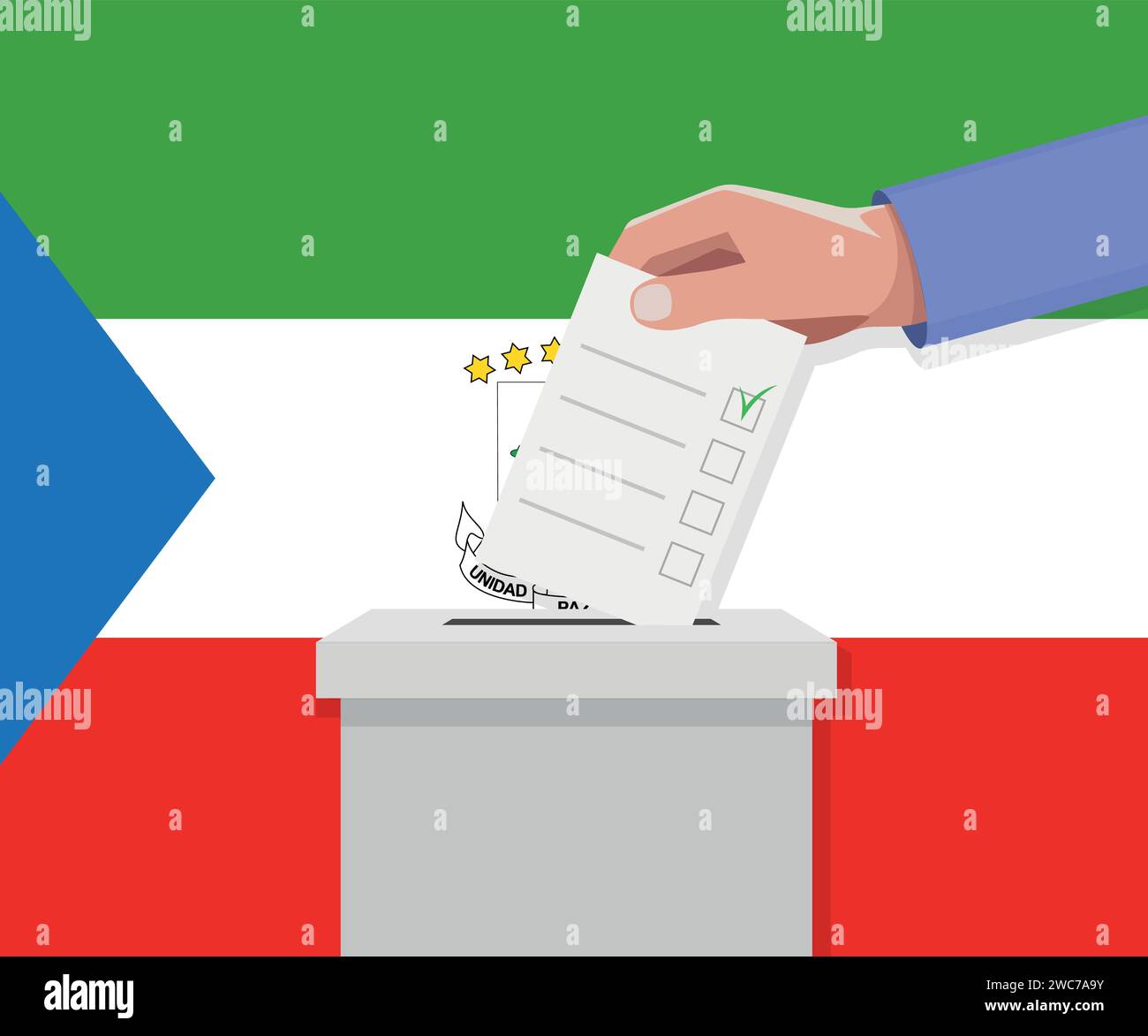 Concetto elettorale della Guinea Equatoriale. La mano mette il bollettino del voto nella casella del voto. Illustrazione Vettoriale