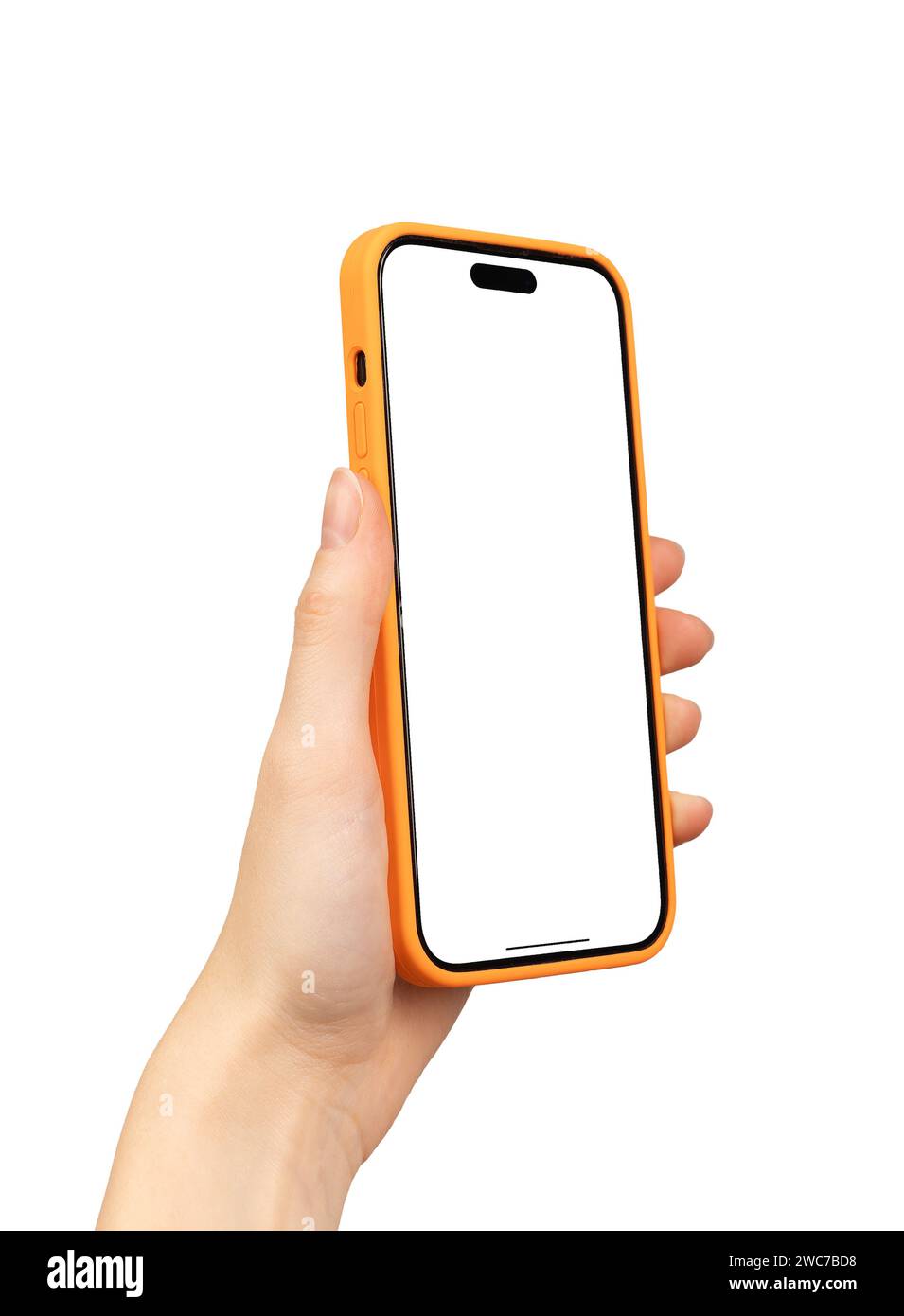 Berlino Germania 21 dicembre 2023 mano che mostra lo schermo del telefono cellulare, mockup iphone, smartphone isolato su bianco Foto Stock