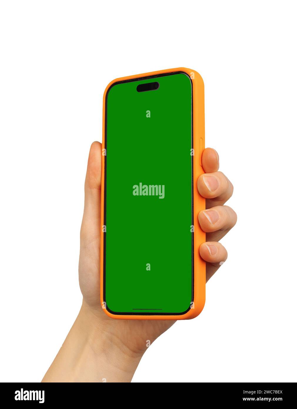 Berlino Germania 21 dicembre 2023 mockup schermo iPhone in mano, smartphone, mock up display mobile isolato su bianco Foto Stock