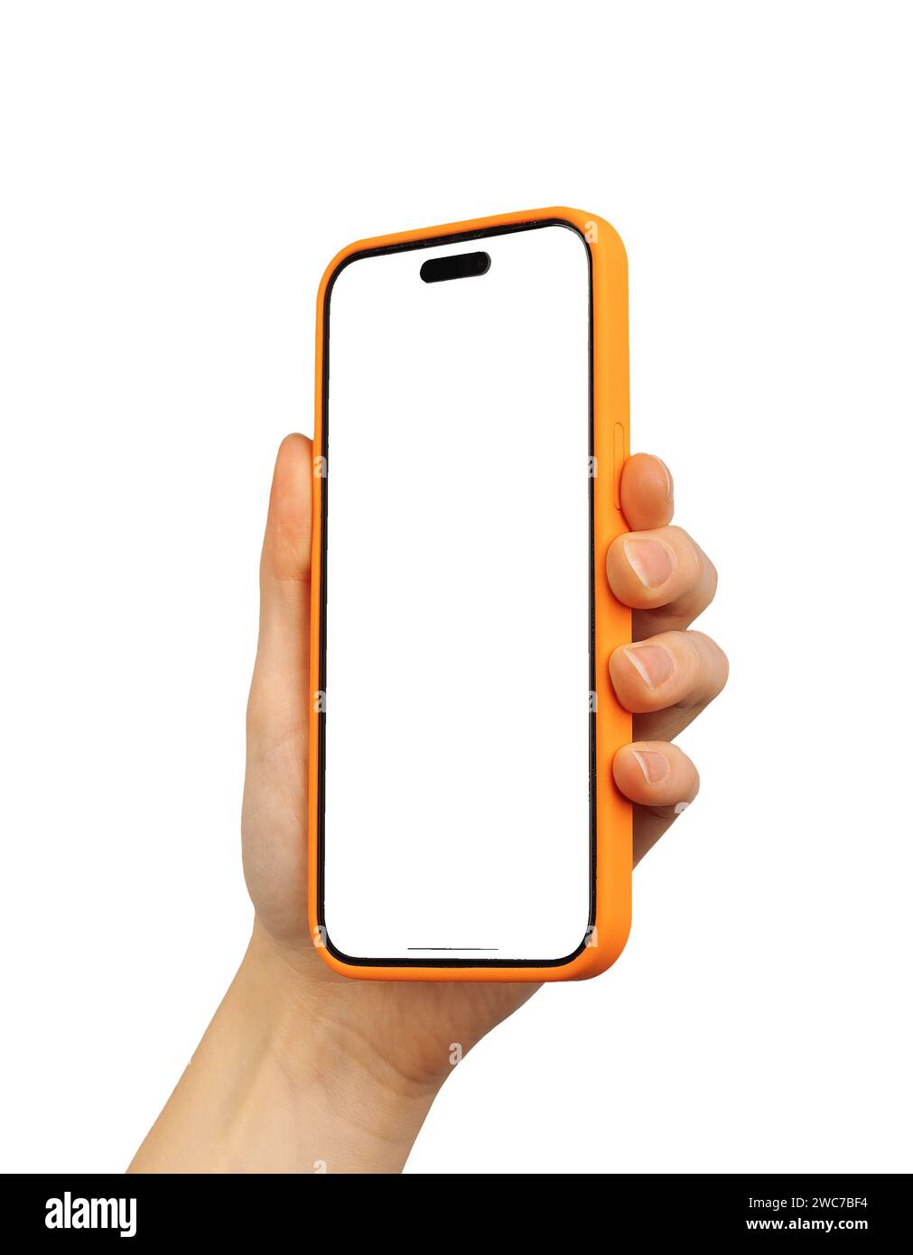 Berlino Germania 21 dicembre 2023 mockup schermo iPhone in mano, smartphone, mock up display mobile isolato su bianco Foto Stock